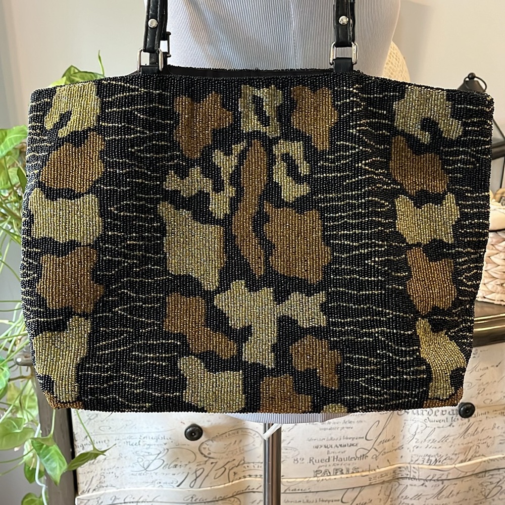 VINTAGE CHRISTIANA ANIMAL PRINT FULL BEADED SHOULDER BAG BLK GOLD TAN - Picture 4 of 12